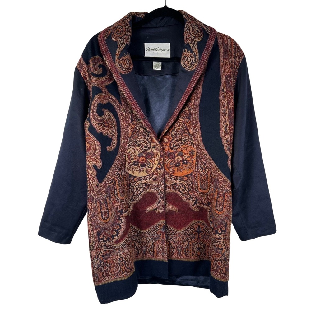 VTG Norm Thompson Jacket Women S Navy Paisley Wool Blend Coat Artsy Tapestry